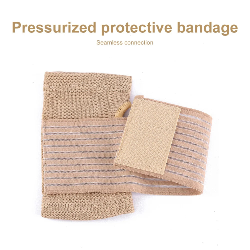 A beige pressurized protective bandage with a seamless connection shown on a wrist.