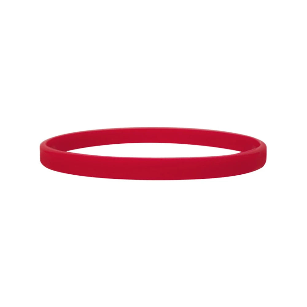 A solid red silicone wristband shown flat.