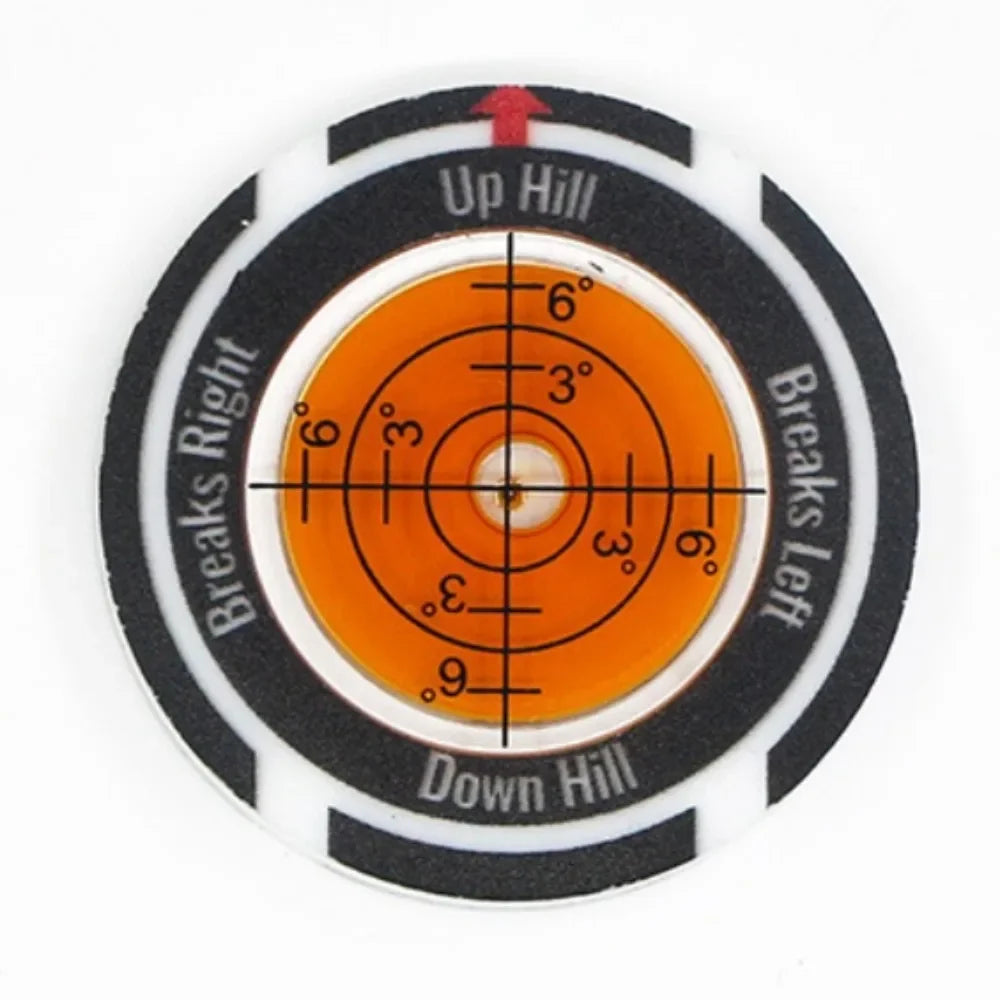 A circular golf ball marker and slope meter with directional markings for up hill, down hill, and breaks right/left.