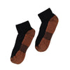 A pair of therapeutic compression socks featuring black and brown striped patterns.