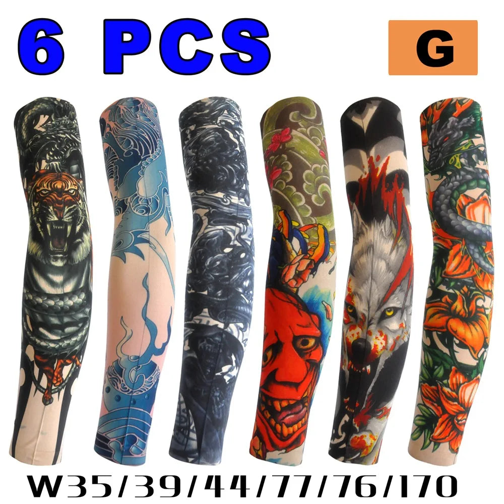 Se muestran seis mangas de tatuaje protector solar sin costuras en varios diseños y tamaños.