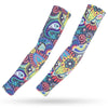 A pair of colorful ice silk arm sleeves featuring intricate paisley and floral patterns for sun and heat protection.