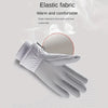 A white elastic fabric glove is shown, emphasizing warmth and comfort.