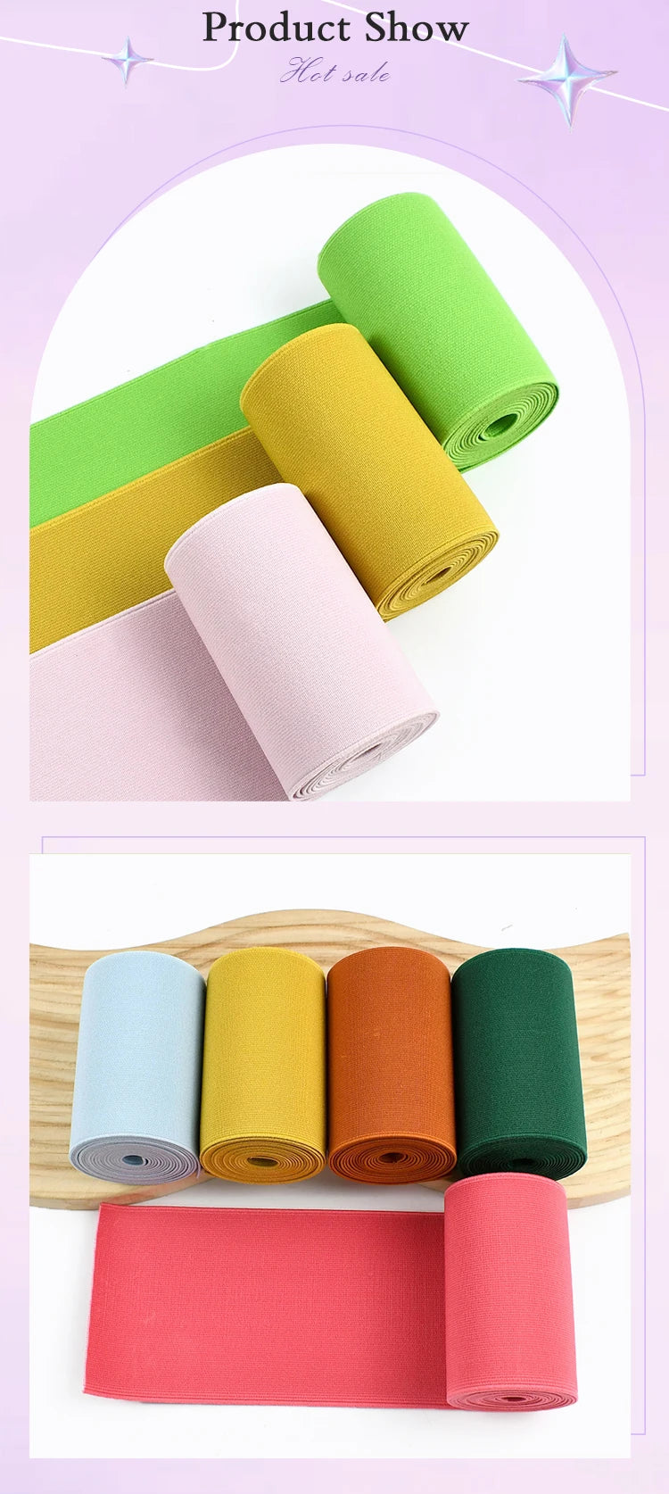 A collection of rolled elastic bands in various shades of green, yellow, pink, and coral for sewing and decoration.