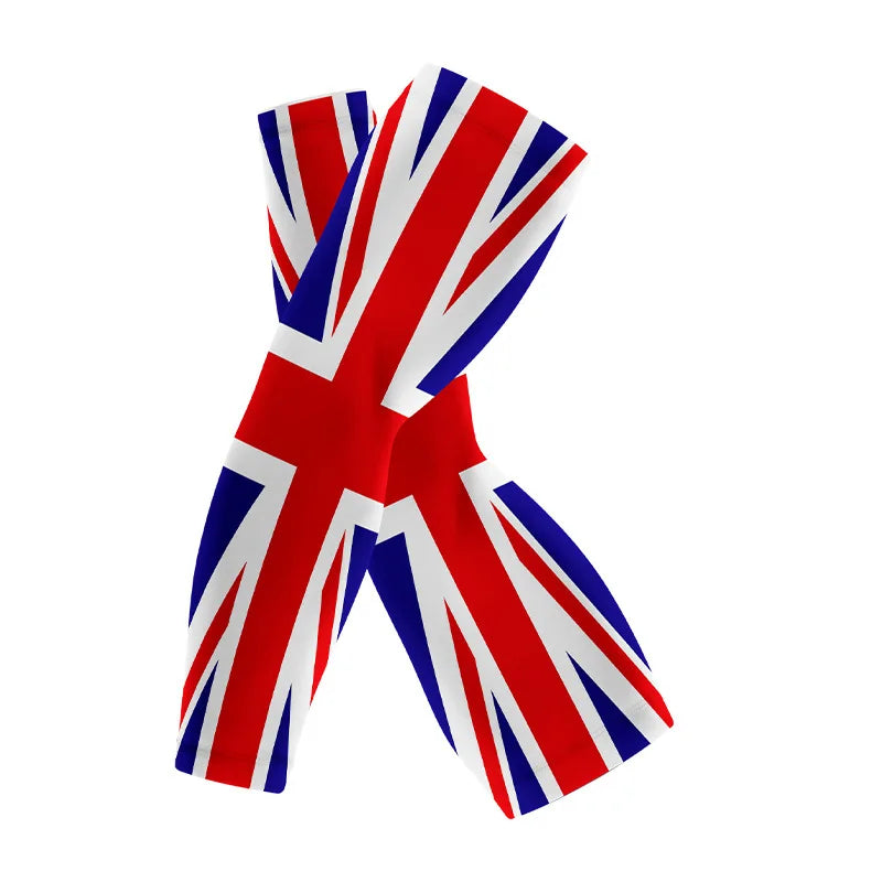 Red, white, and blue Union Jack pattern arm sleeves for sports and sun protection
