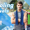 A man and a woman demonstrate cooling towels for sports and wellness against a blue icy background.