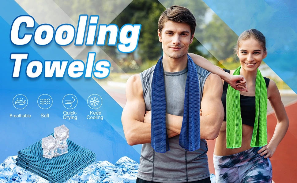 A man and a woman demonstrate cooling towels for sports and wellness against a blue icy background.
