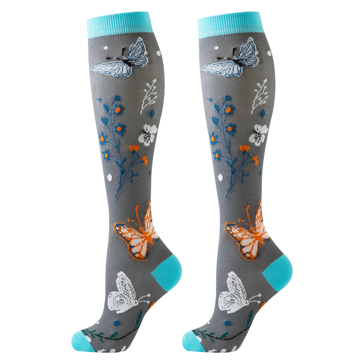 Pair of knee-high butterfly compression socks in gray with blue accents and floral patterns