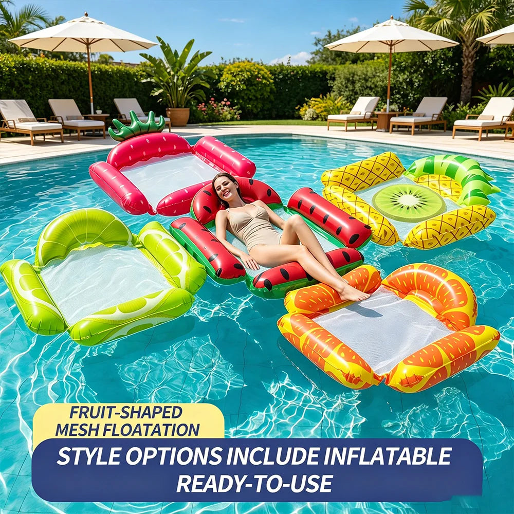 Colorful fruit-shaped inflatable mesh pool floats and loungers floating in blue water.