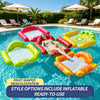 Colorful fruit-shaped inflatable mesh pool floats and loungers floating in blue water.