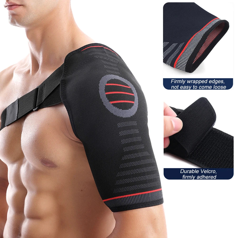 Black comfort compression shoulder support brace worn on a male arm, showing its design and fit.