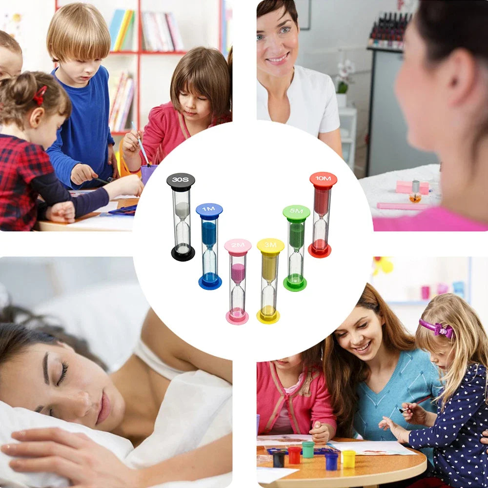 A set of six colorful sand timer hourglasses in various colors are shown for decoration and timing.