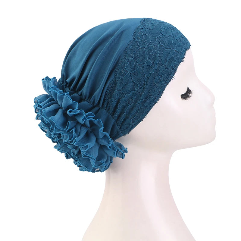 Elegant Lace Chiffon Floral Cap for Women