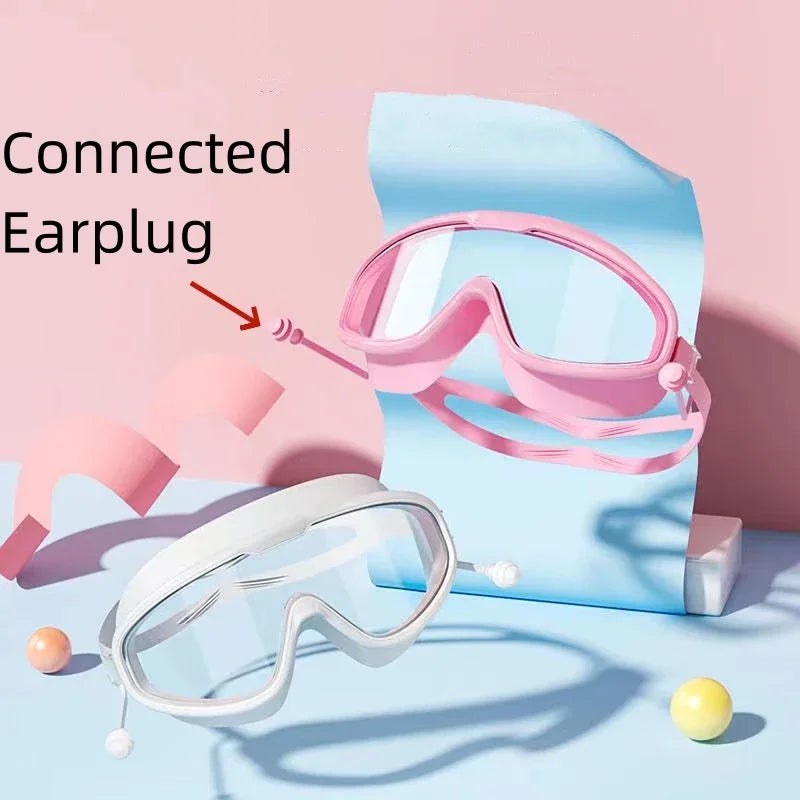Gafas de natación rosa y blancas con tapón de oído conectado, mostrando una conexión de producto.
