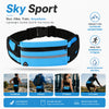 A blue and black sports wristband featuring a light blue pouch for running, hiking, or fitness activities.