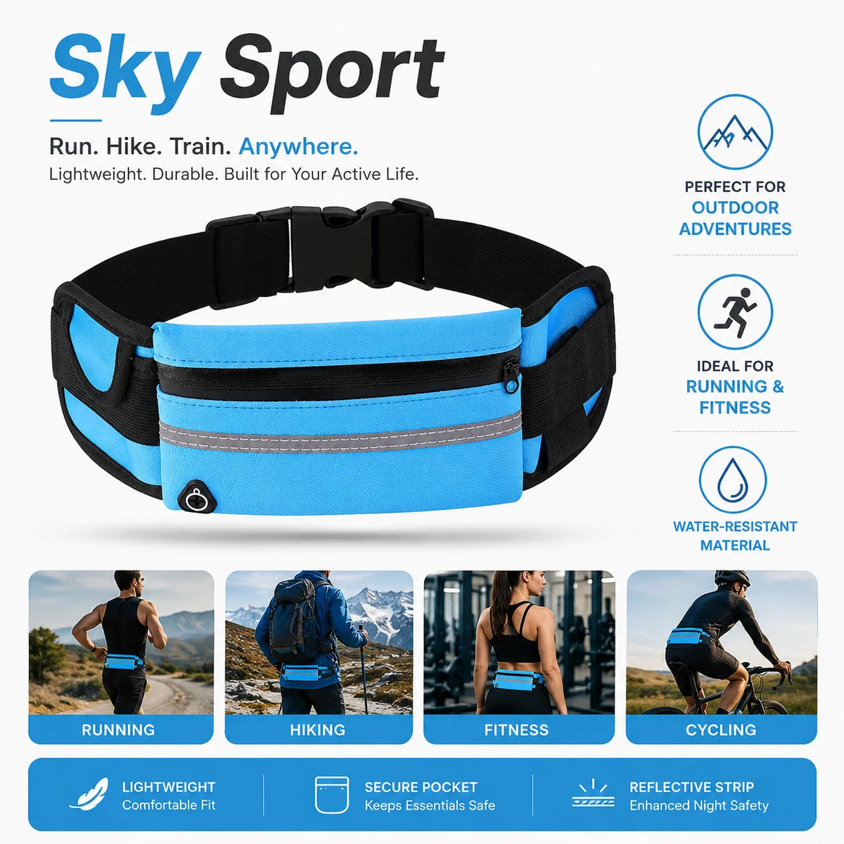 A blue and black sports wristband featuring a light blue pouch for running, hiking, or fitness activities.