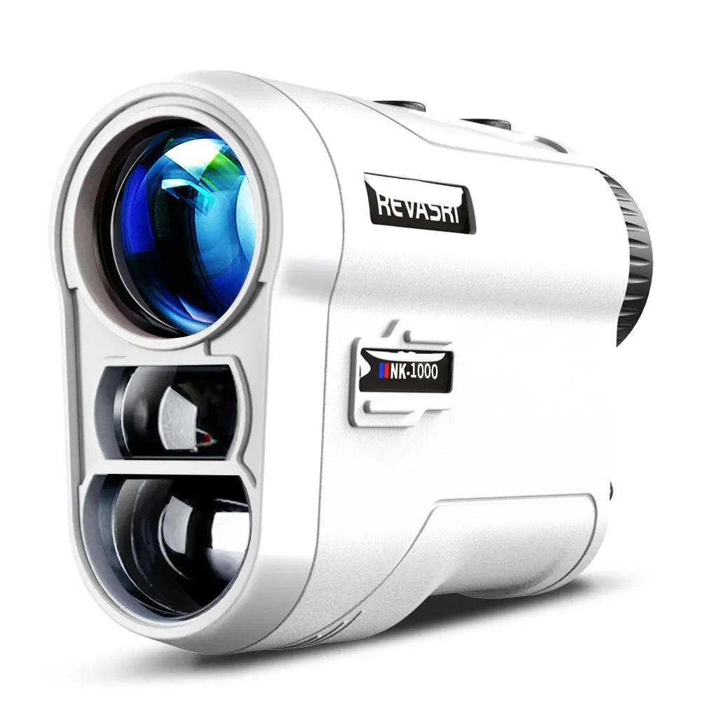 Silver laser rangefinder device with a large lens and branding visible