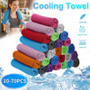 A stack of colorful cooling microfiber towels in various shades of blue, pink, orange, and green, displayed next to a woman.