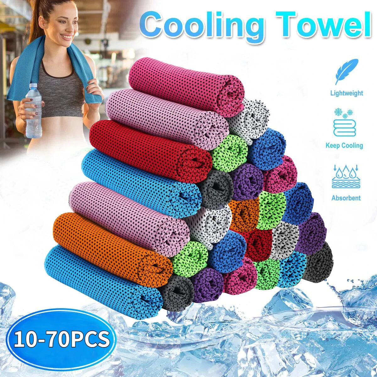 A stack of colorful cooling microfiber towels in various shades of blue, pink, orange, and green, displayed next to a woman.