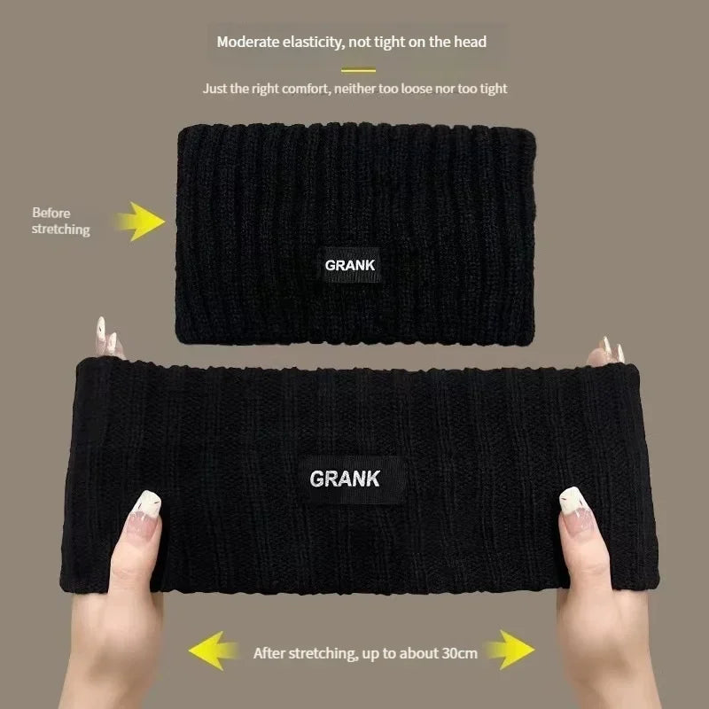 A black knitted headband being stretched on a person's head, showing before and after stretching.