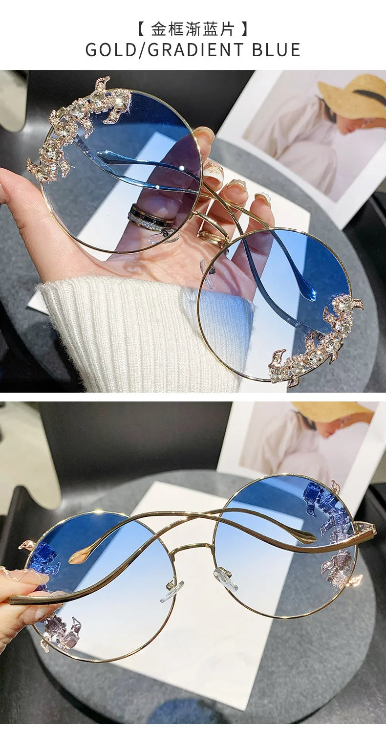 Women's Rhinestone Oversized Round Sunglasses with UV400 Protection