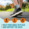 A person wearing athletic shoes is shown in a side view, demonstrating proper foot and ankle alignment for support.