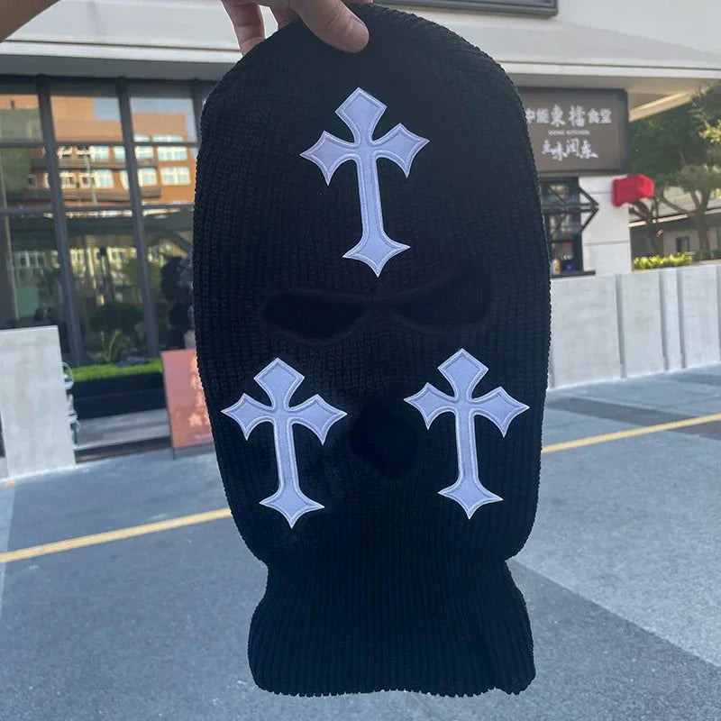 Black tactical knit balaclava beanie hat featuring white cross embroidery