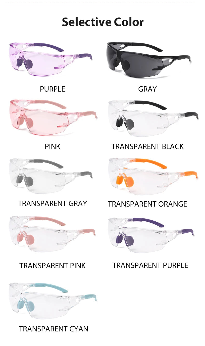A collection of transparent safety goggles in various colors including purple, pink, gray, black, orange, and cyan.
