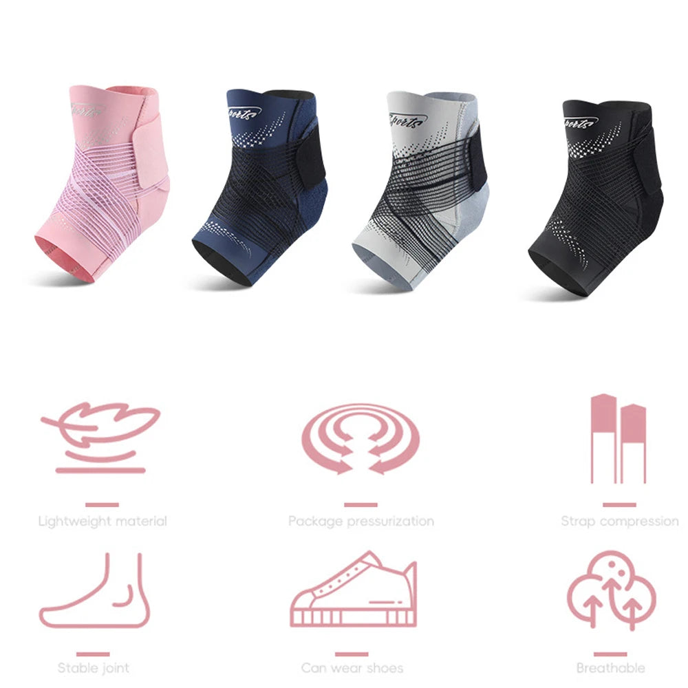 A set of pink and black compression braces for ankle support, showing various designs and features.
