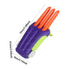 A purple carrot-shaped fidget stress relief toy with orange carrot-like fingers and a lime green base.