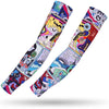 Two colorful multi-use sports arm sleeves featuring abstract and graphic designs for UV protection