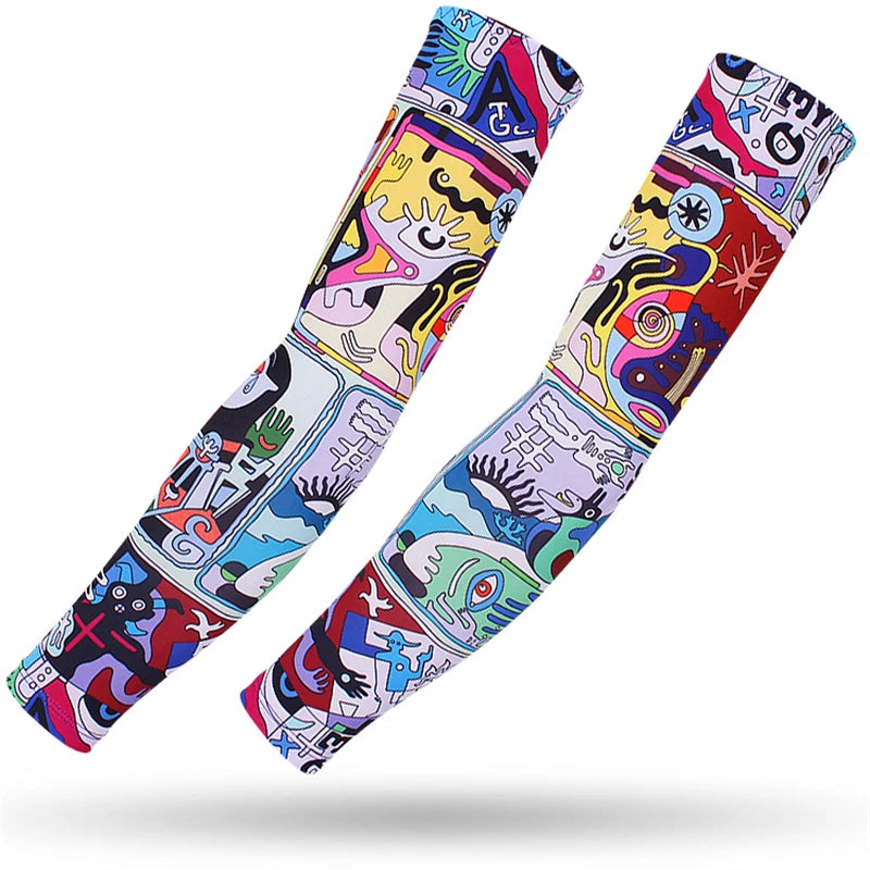 Two colorful multi-use sports arm sleeves featuring abstract and graphic designs for UV protection