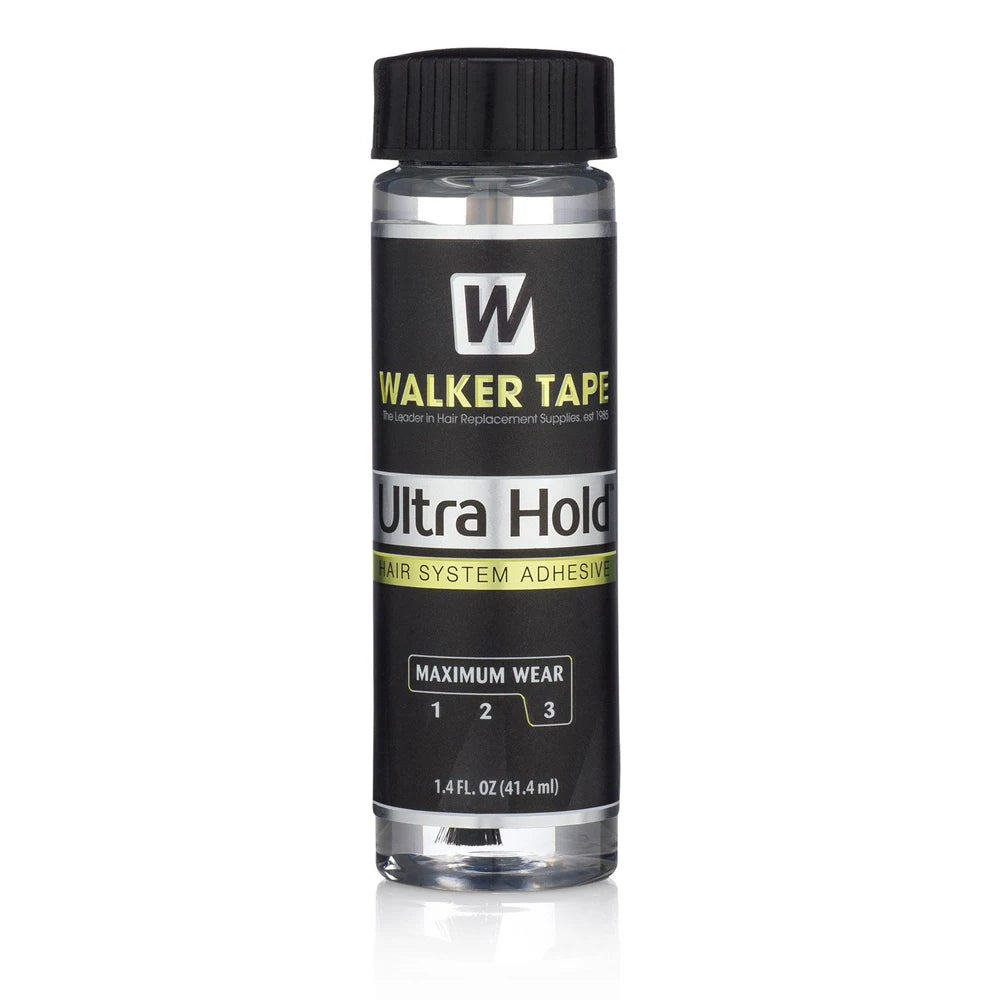 A glass bottle of Walker Tape Ultra Hold hair system adhesive for lace wig glue.