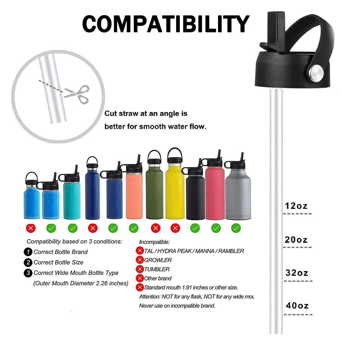 Schwarze flexible Strohdeckel für Hydro Flask Flaschen, die Kompatibilität mit verschiedenen Größen und Typen demonstrieren.