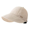 Gorra de béisbol de ala ancha beige con protección UV, vista de lado.