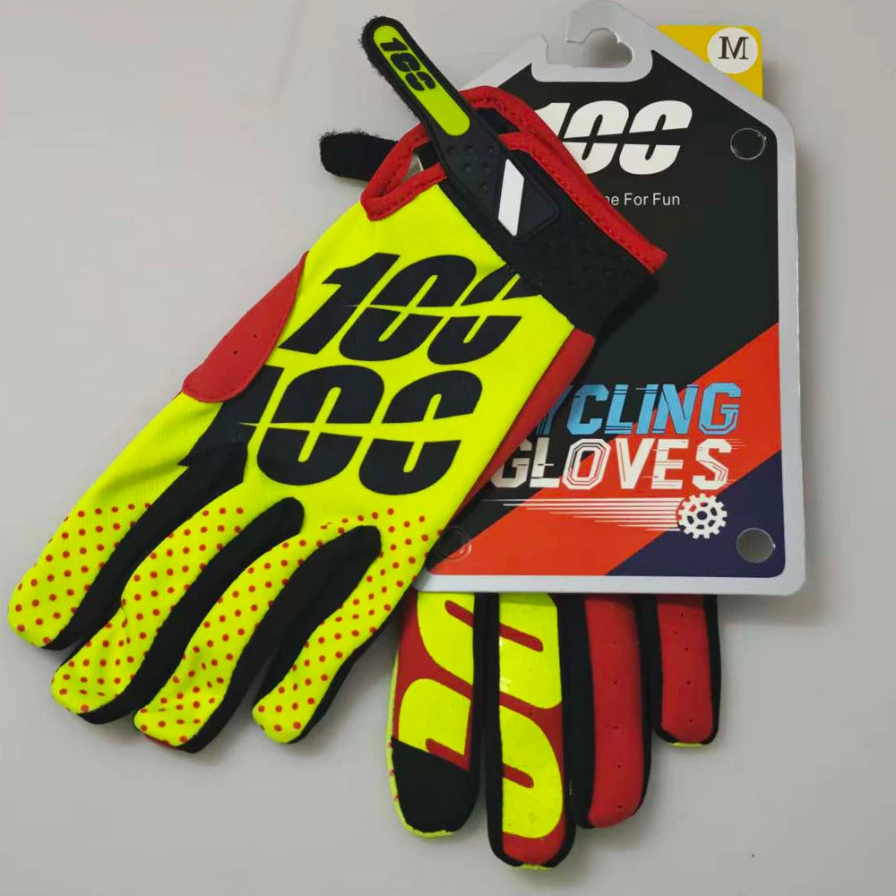 A pair of neon yellow and black sports gloves for outdoor activities displayed next to their packaging.