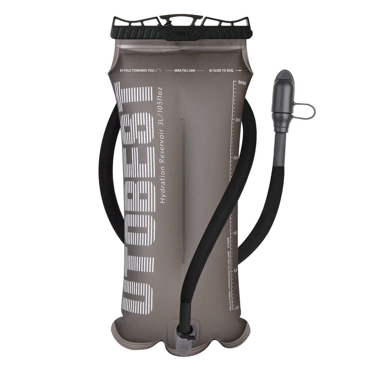 A gray durable TPU water bladder with a black tube and cap for hydration.