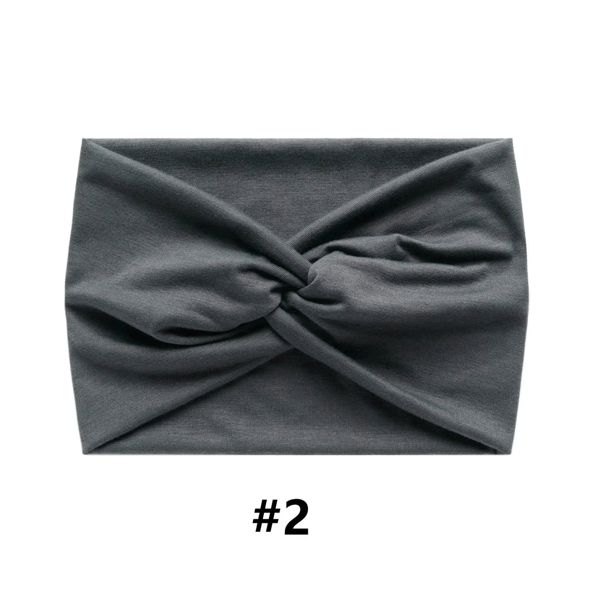 A gray fabric headband tied in a criss-cross knot.