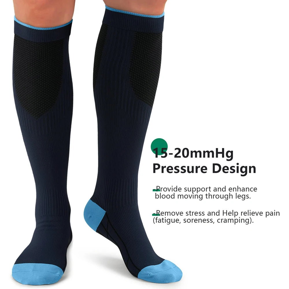 Pair of navy blue compression socks with teal accents designed for blood moving and pain relief.