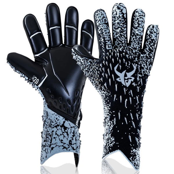 A pair of black and gray goalkeeper gloves shown against a white background.