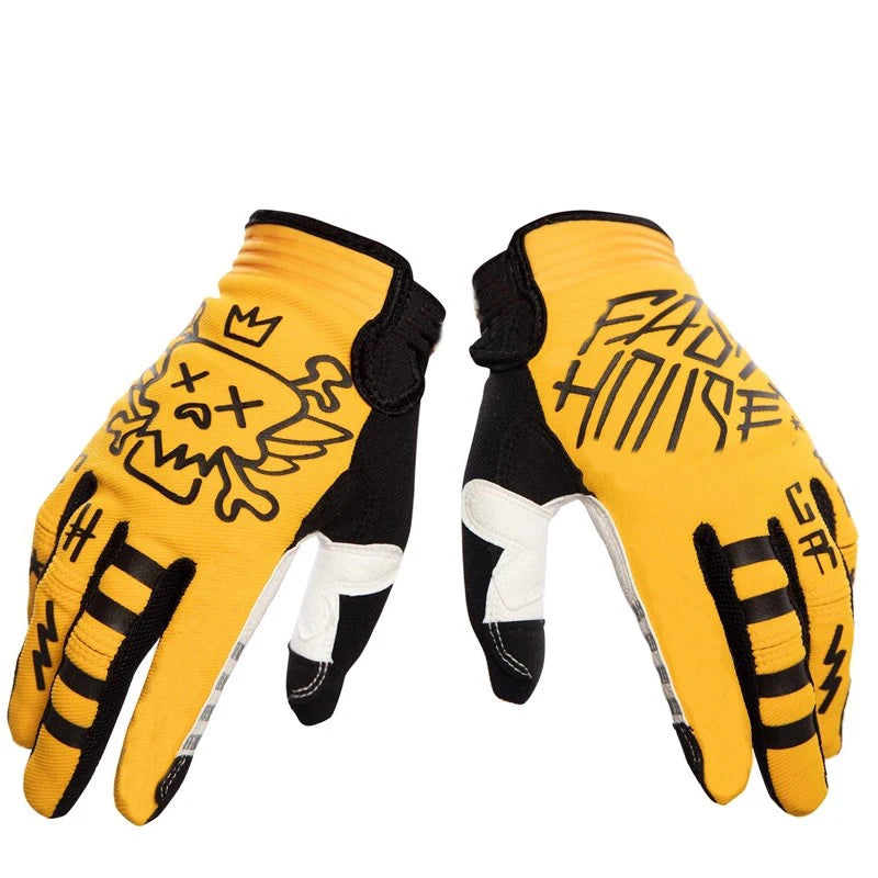 Pair of yellow and black breathable full-finger cycling gloves with graphic designs