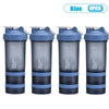 Four blue sports shaker bottles with handles and lids are displayed side by side.