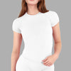 A woman wearing a white performance fitness short sleeve top and matching bottoms.