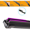Close-up view of a black universal car wiper blade assembly with a purple accent.