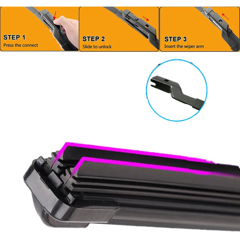 Close-up view of a black universal car wiper blade assembly with a purple accent.