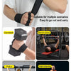 Black adjustable workout wrist wraps shown being used for strength training exercises like bench press and pull-in.