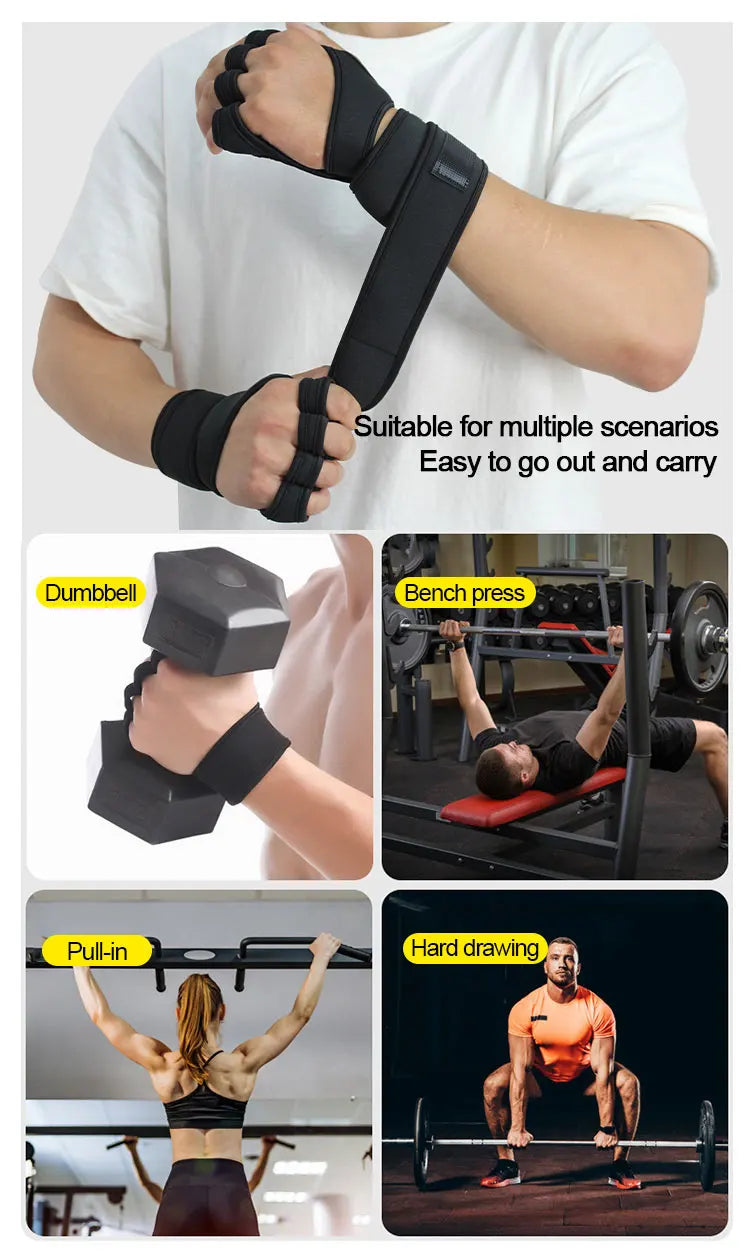 Black adjustable workout wrist wraps shown being used for strength training exercises like bench press and pull-in.