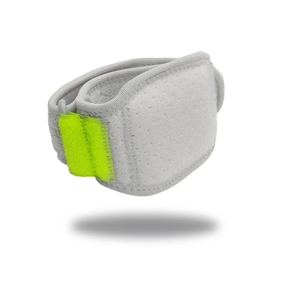 Gray adjustable tennis elbow brace with a neon yellow strap