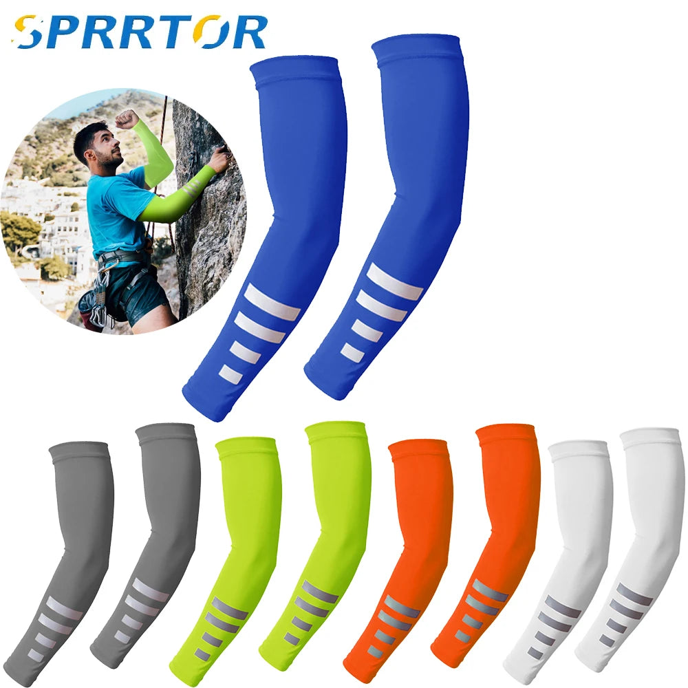 Eine Sammlung von UV-Schutz-Kühlarmbinden in Blau, Grün, Orange und Weiß für Outdoor-Sport.