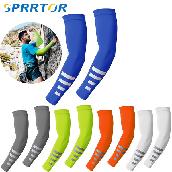 A collection of blue, green, orange, and white UV protection cooling arm sleeves for outdoor sports.
